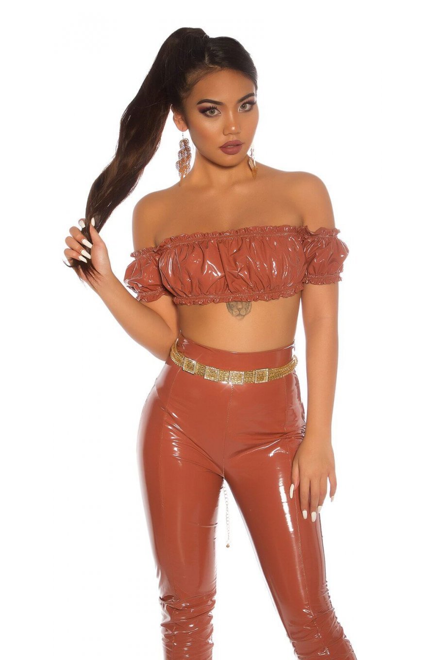 Crop top dama latex bronz incretit cu umeri goi Defne 1 - jojofashion.ro