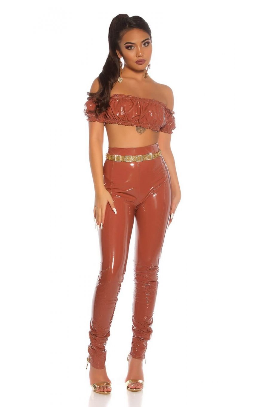 Crop top dama latex bronz incretit cu umeri goi Defne 4 - jojofashion.ro