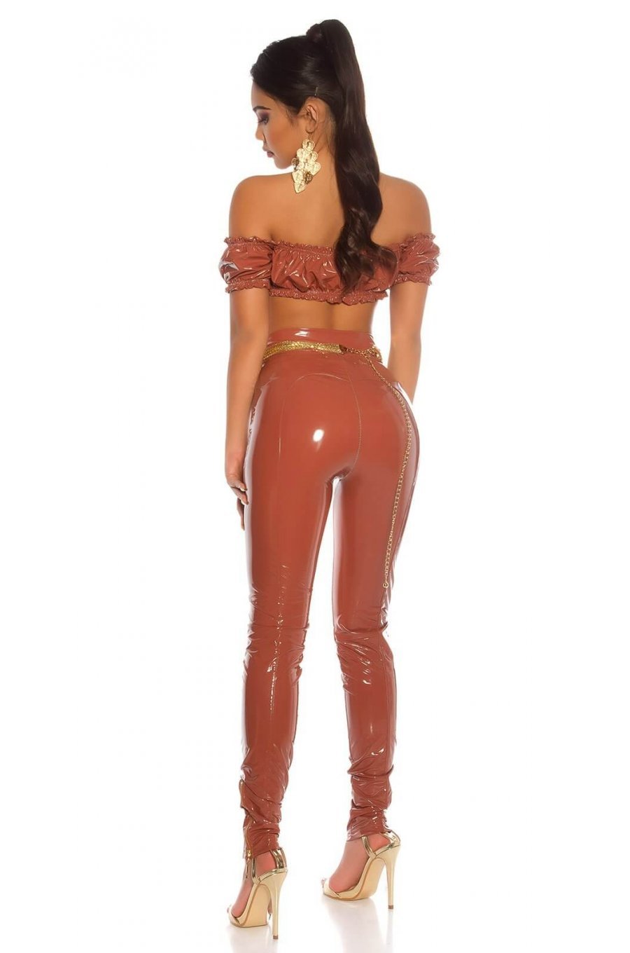 Crop top dama latex bronz incretit cu umeri goi Defne 5 - jojofashion.ro