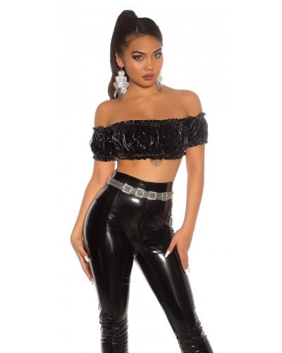 Crop top dama latex negru incretit cu umeri goi Defne - jojofashion.ro