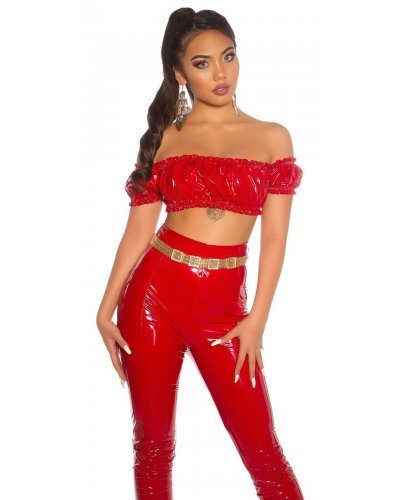 Crop top dama latex rosu incretit cu umeri goi Defne Crop top dama latex rosu incretit cu umeri goi Defne - jojofashion.ro