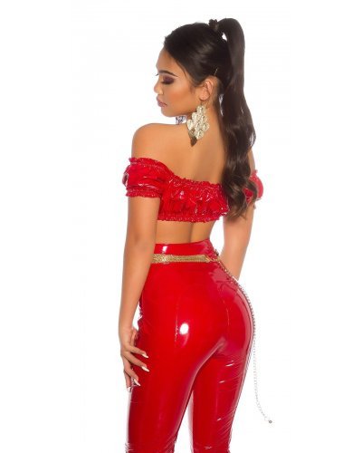 Crop top dama latex rosu incretit cu umeri goi Defne Crop top dama latex rosu incretit cu umeri goi Defne - jojofashion.ro