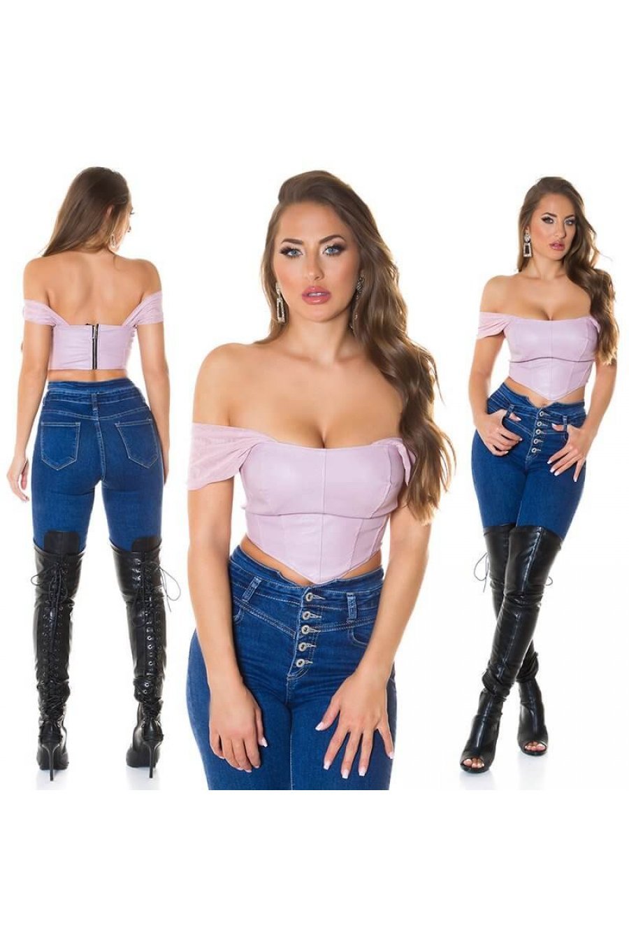 Crop top dama piele eco tip corset roz pal Mayla Crop top dama piele eco tip corset roz pal Mayla 5 - jojofashion.ro