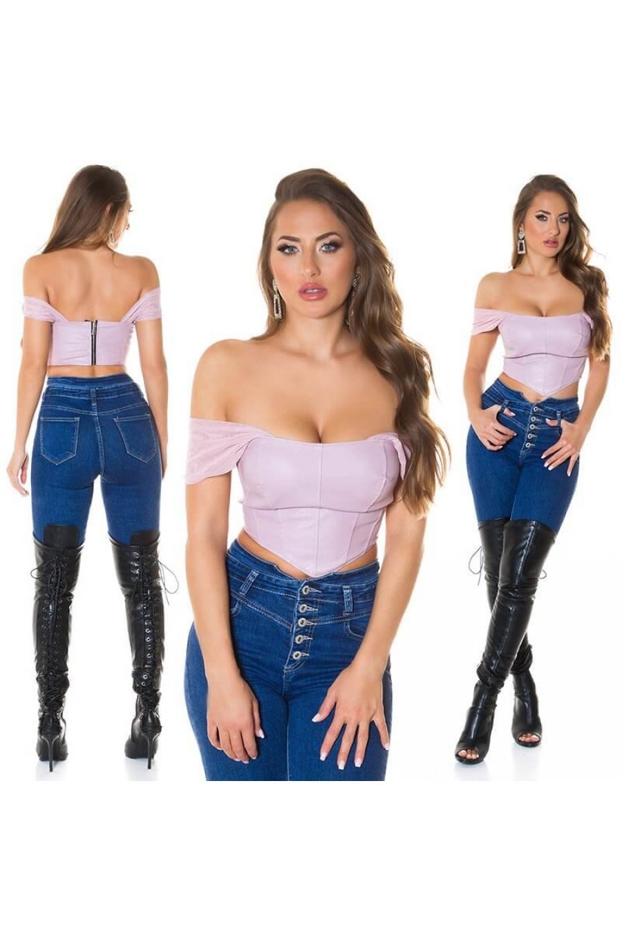 Crop top dama piele eco tip corset roz pal Mayla 5 - jojofashion.ro