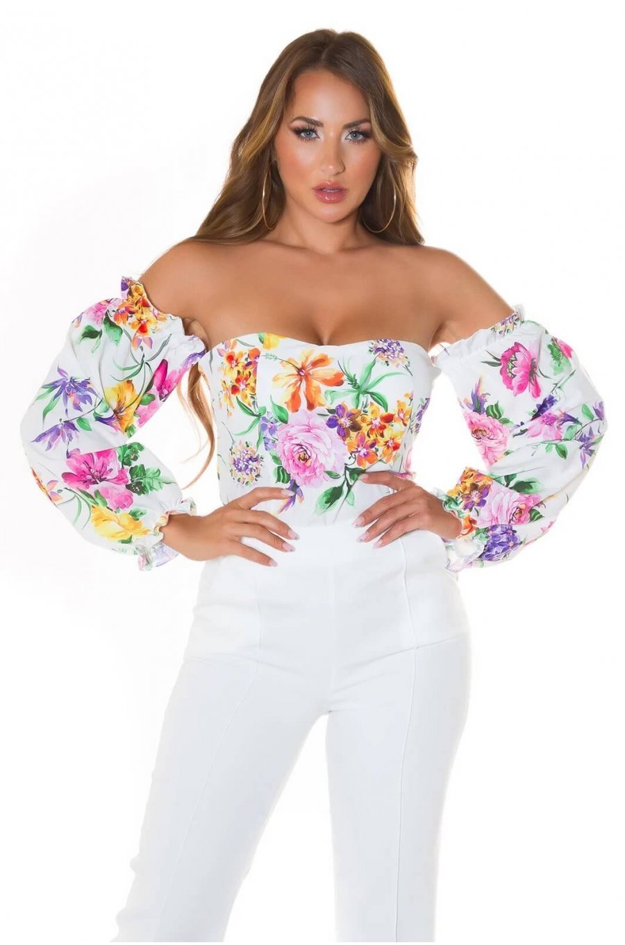 Top dama alb cu flori off shoulders Mazyne 1 - jojofashion.ro