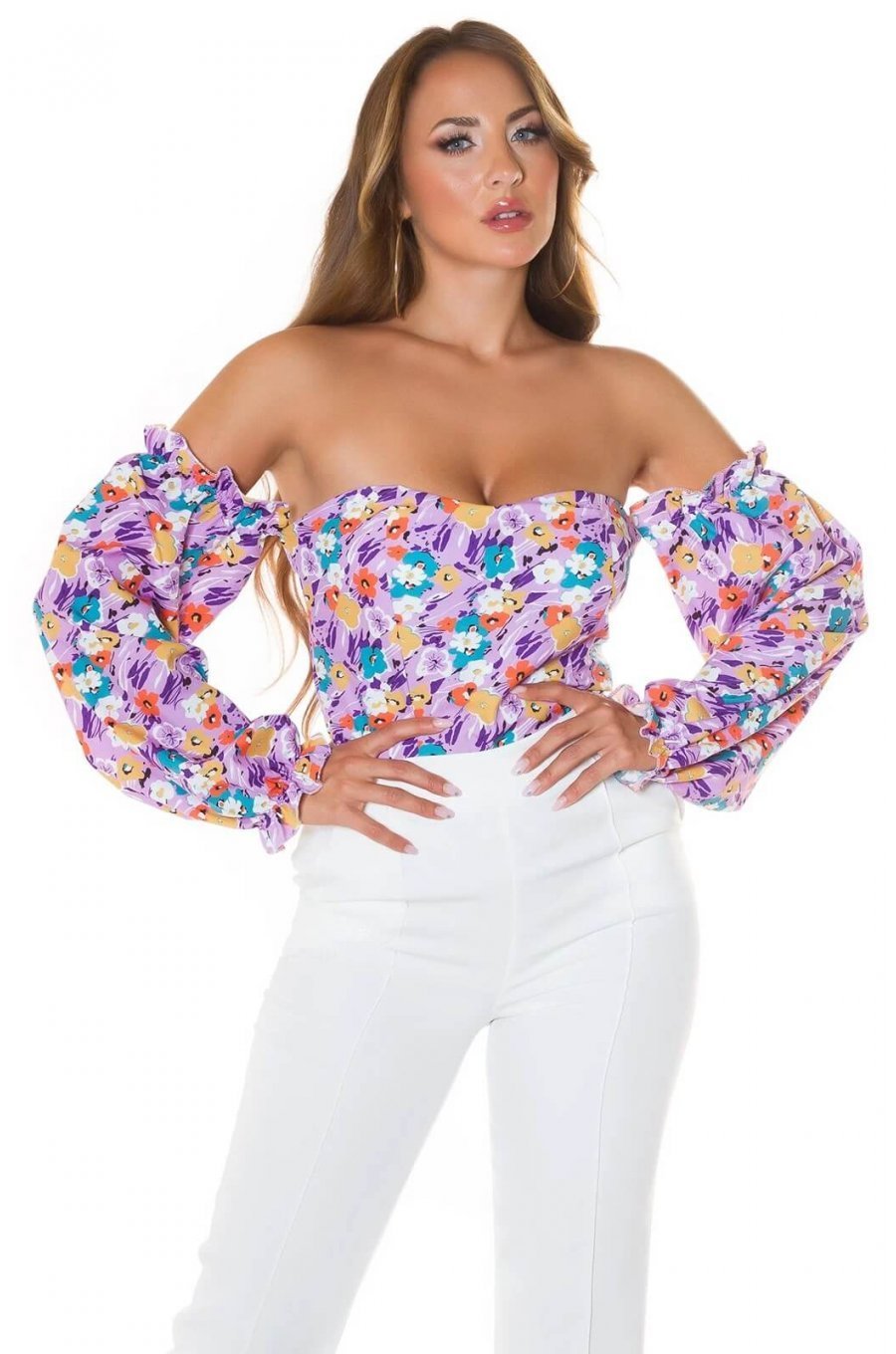 Top dama lila cu flori off shoulders Mazyne 1 - jojofashion.ro