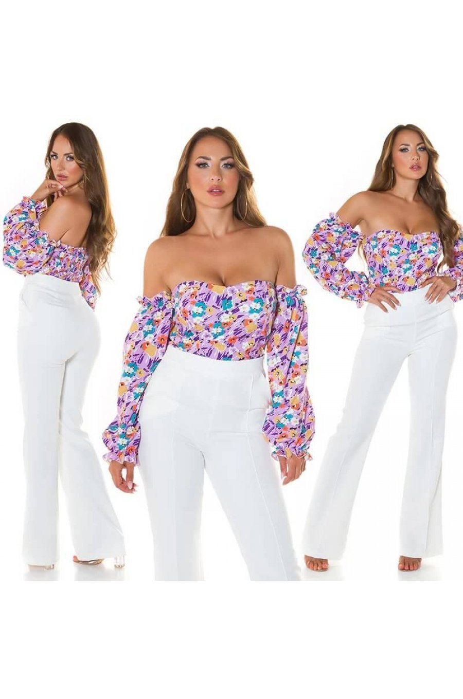 Top dama lila cu flori off shoulders Mazyne 6 - jojofashion.ro