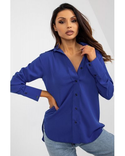 Camasi dama, Camasa dama asimetrica, din bumbac, albastra, cu maneca lunga, Camella - jojofashion.ro