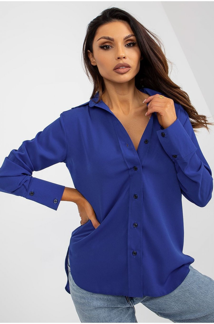 Camasa dama asimetrica, din bumbac, albastra, cu maneca lunga, Camella Camasa dama asimetrica, din bumbac, albastra, cu maneca lunga, Camella 1 - jojofashion.ro
