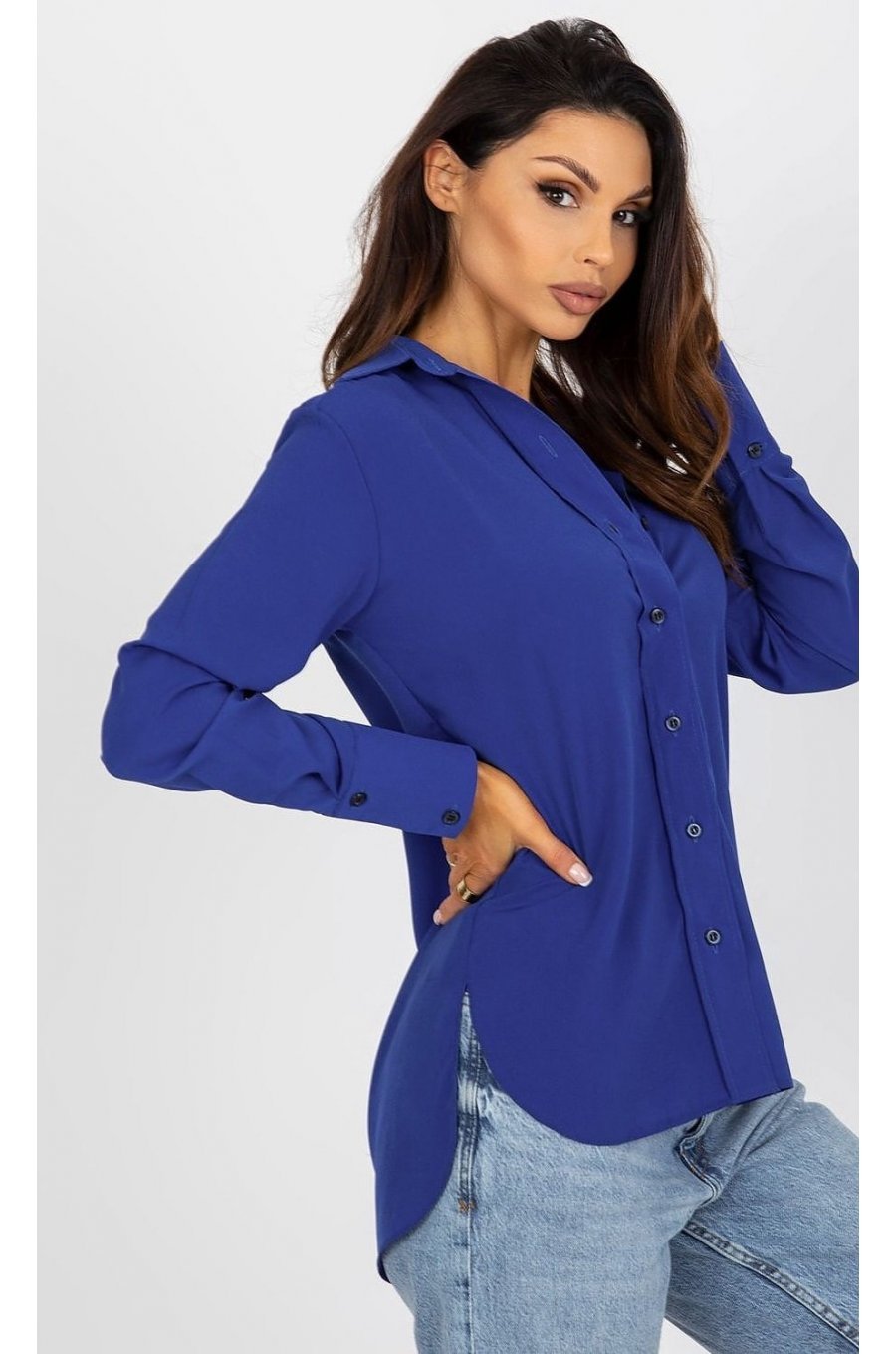 Camasa dama asimetrica, din bumbac, albastra, cu maneca lunga, Camella Camasa dama asimetrica, din bumbac, albastra, cu maneca lunga, Camella 2 - jojofashion.ro