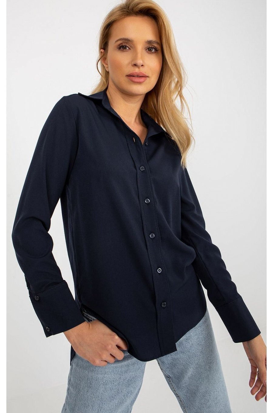 Camasa dama asimetrica, din bumbac, bleumarin navy, cu maneca lunga, Camella 1 - jojofashion.ro