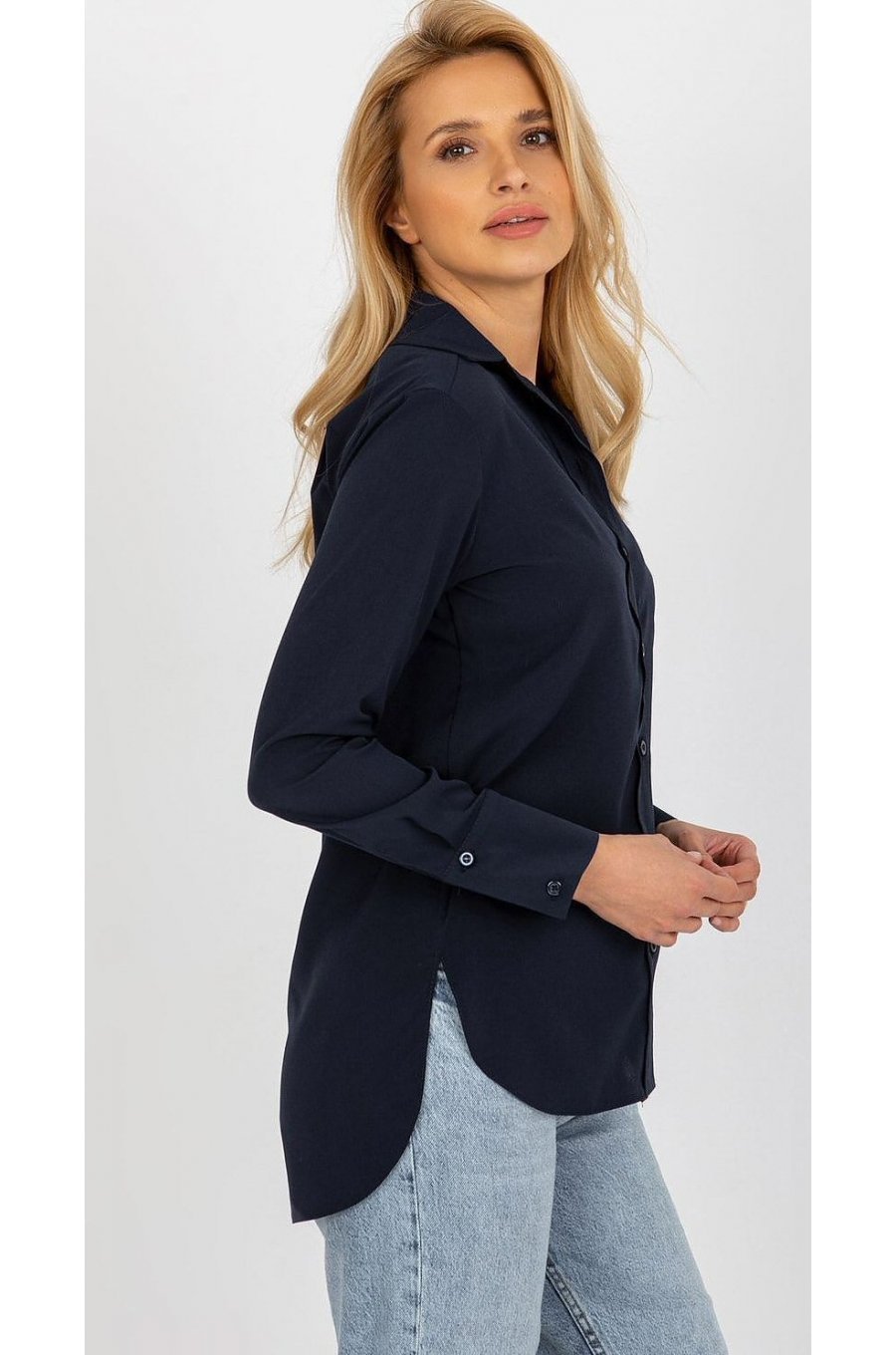 Camasa dama asimetrica, din bumbac, bleumarin navy, cu maneca lunga, Camella 2 - jojofashion.ro