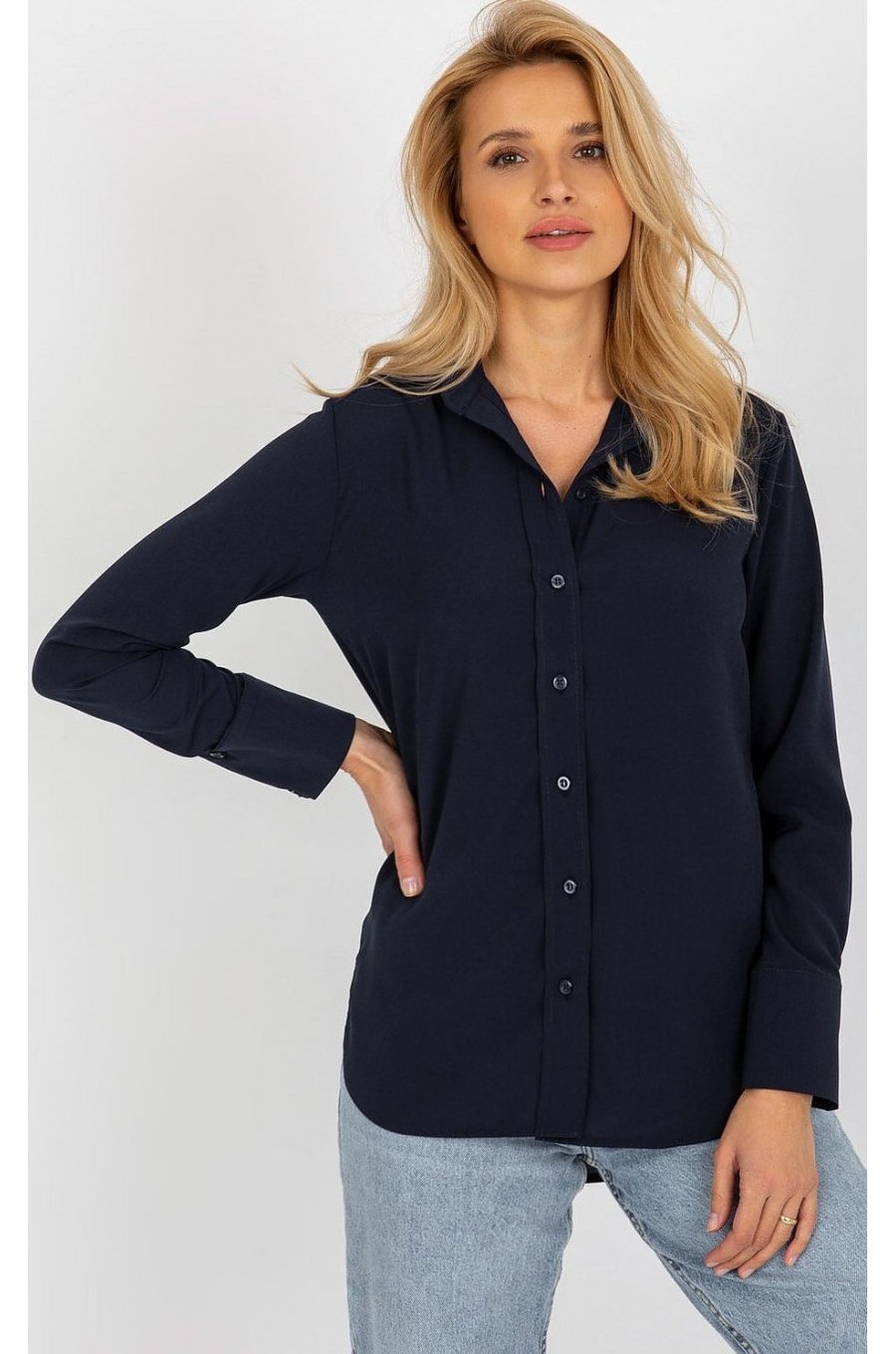 Camasa dama asimetrica, din bumbac, bleumarin navy, cu maneca lunga, Camella 3 - jojofashion.ro