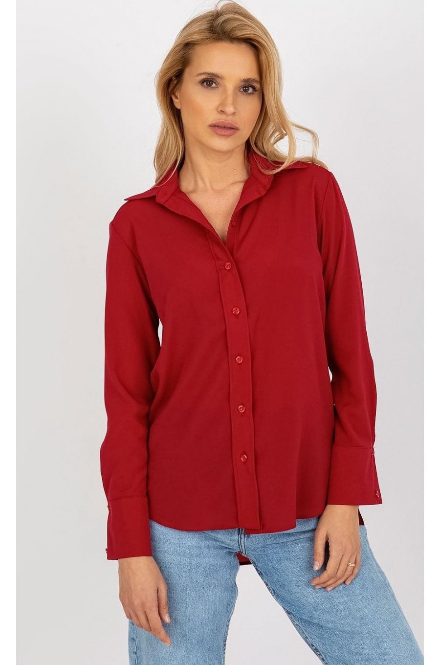Camasa dama asimetrica, din bumbac, rosie, cu maneca lunga, Camella Camasa dama asimetrica, din bumbac, rosie, cu maneca lunga, Camella 1 - jojofashion.ro