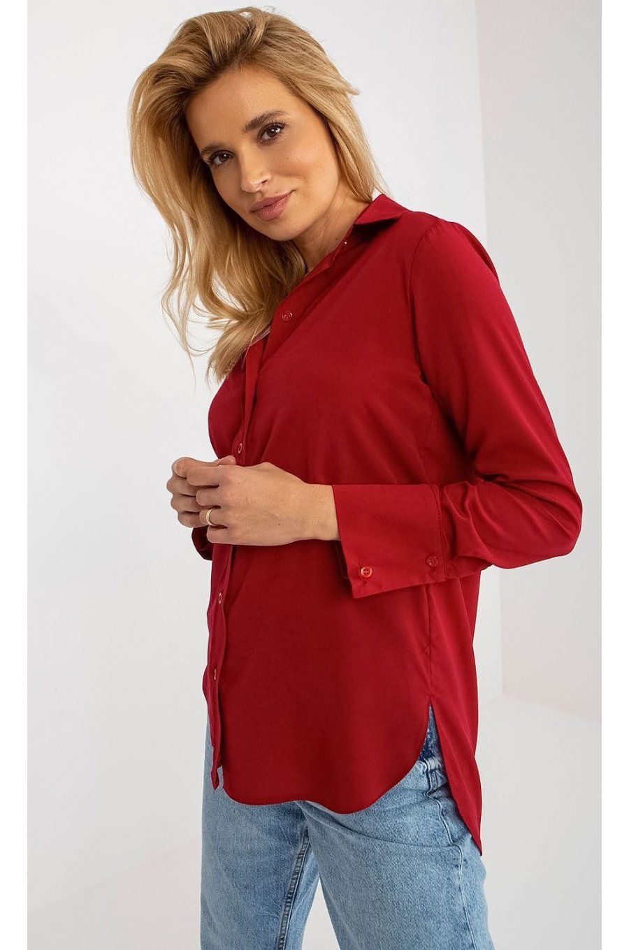 Camasa dama asimetrica, din bumbac, rosie, cu maneca lunga, Camella Camasa dama asimetrica, din bumbac, rosie, cu maneca lunga, Camella 3 - jojofashion.ro