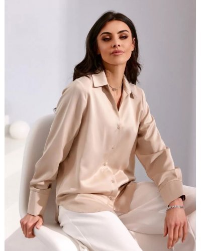 Camasi dama, Camasa dama boyfriend, din satin, bej, cu maneca lunga, Marlee - jojofashion.ro
