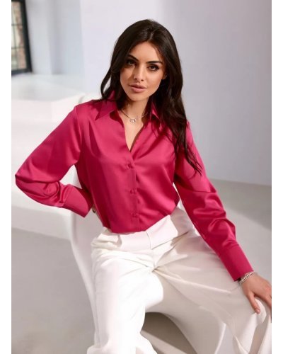 Camasi dama, Camasa dama boyfriend, din satin, rosie, cu maneca lunga, Marlee - jojofashion.ro
