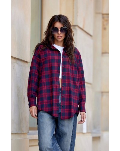 Camasi dama, Camasa dama burgundy, in carouri bleumarin, oversize, JoleneR - jojofashion.ro