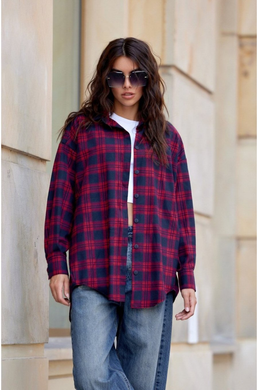 Camasa dama burgundy, in carouri bleumarin, oversize, JoleneR 1 - jojofashion.ro
