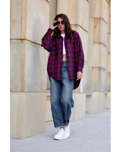 Camasi dama, Camasa dama burgundy, in carouri bleumarin, oversize, JoleneR - jojofashion.ro
