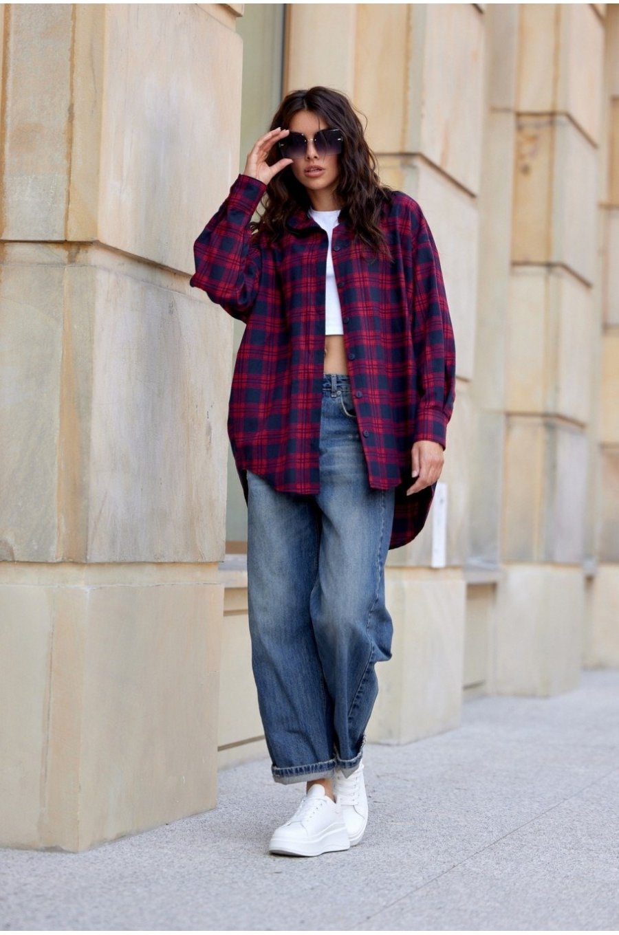 Camasa dama burgundy, in carouri bleumarin, oversize, JoleneR 2 - jojofashion.ro