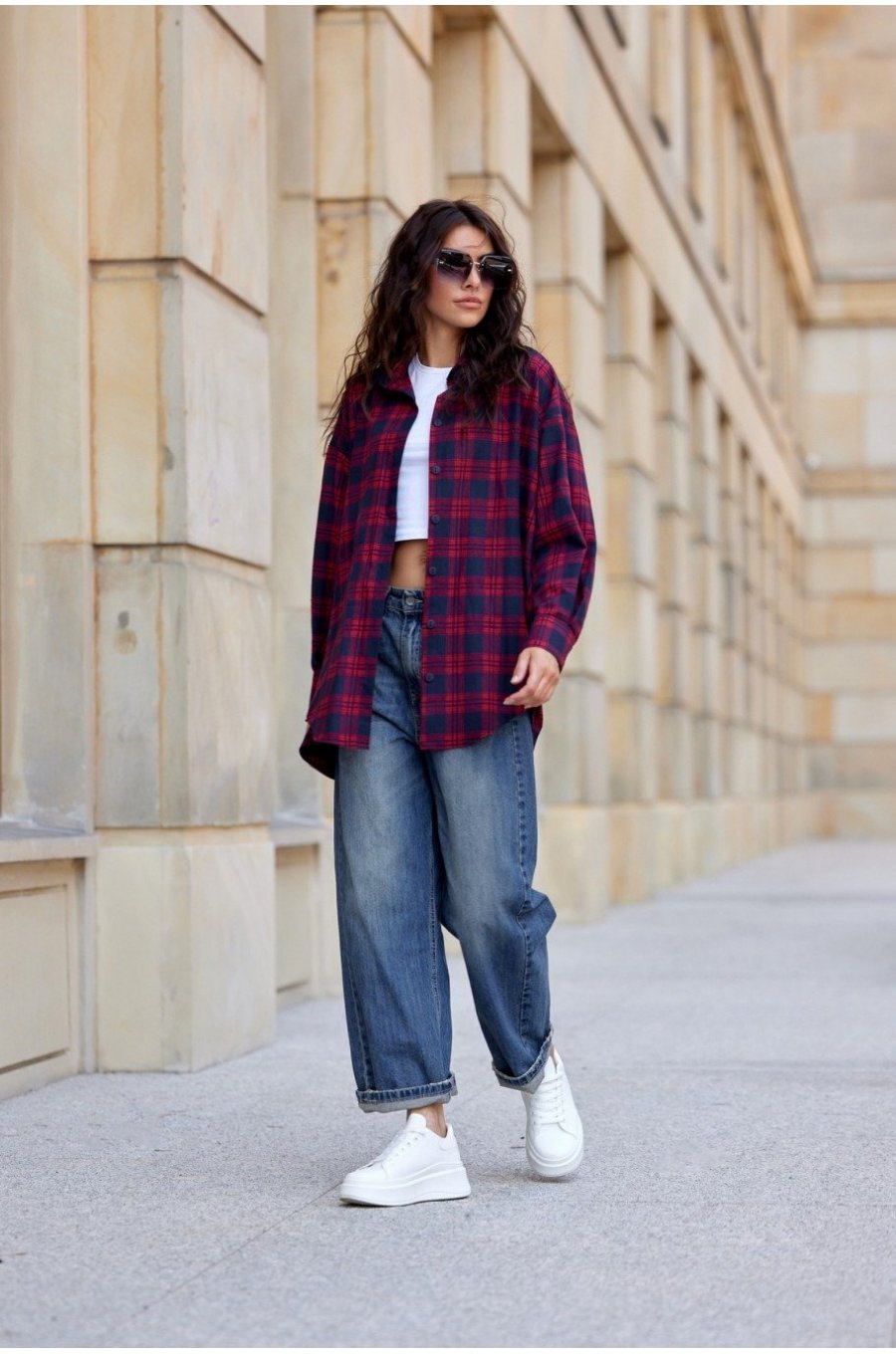 Camasa dama burgundy, in carouri bleumarin, oversize, JoleneR 3 - jojofashion.ro