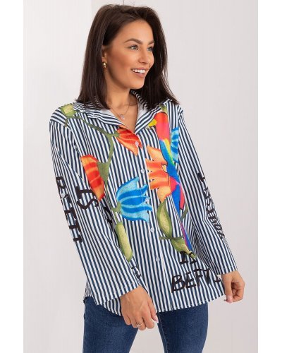 Camasi dama, Camasa dama casual, alba cu dungi bleumarin si flori multicolore, Saleen - jojofashion.ro