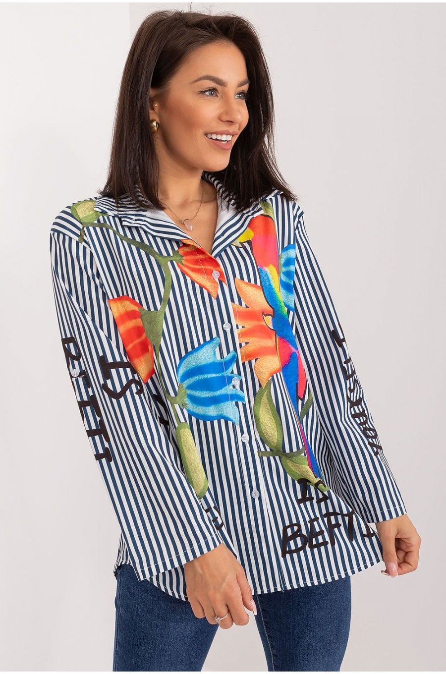 Camasa dama casual, alba cu dungi bleumarin si flori multicolore, Saleen 1 - jojofashion.ro