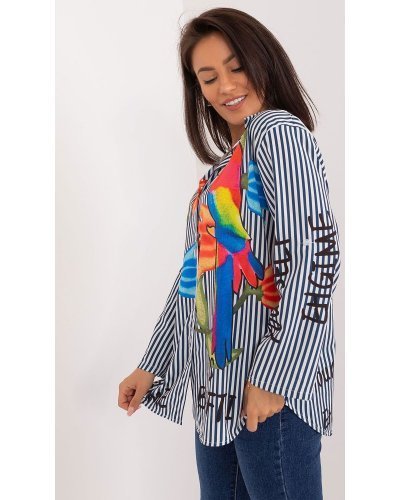Camasi dama, Camasa dama casual, alba cu dungi bleumarin si flori multicolore, Saleen - jojofashion.ro