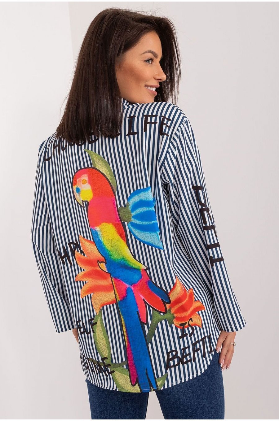 Camasa dama casual, alba cu dungi bleumarin si flori multicolore, Saleen 3 - jojofashion.ro