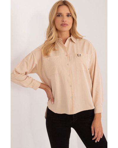 Camasi dama, Camasa dama clasica, din bumbac bej, cu maneca lunga, Crina - jojofashion.ro