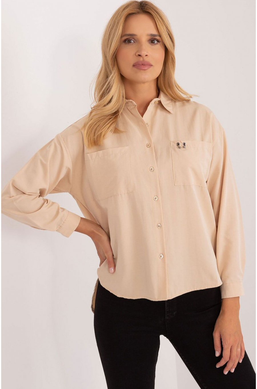 Camasa dama clasica, din bumbac bej, cu maneca lunga, Crina 1 - jojofashion.ro