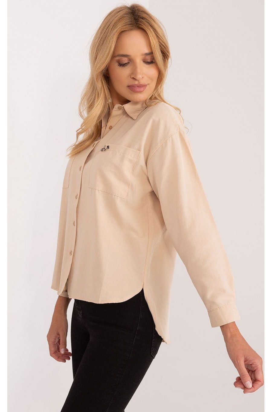 Camasa dama clasica, din bumbac bej, cu maneca lunga, Crina 2 - jojofashion.ro