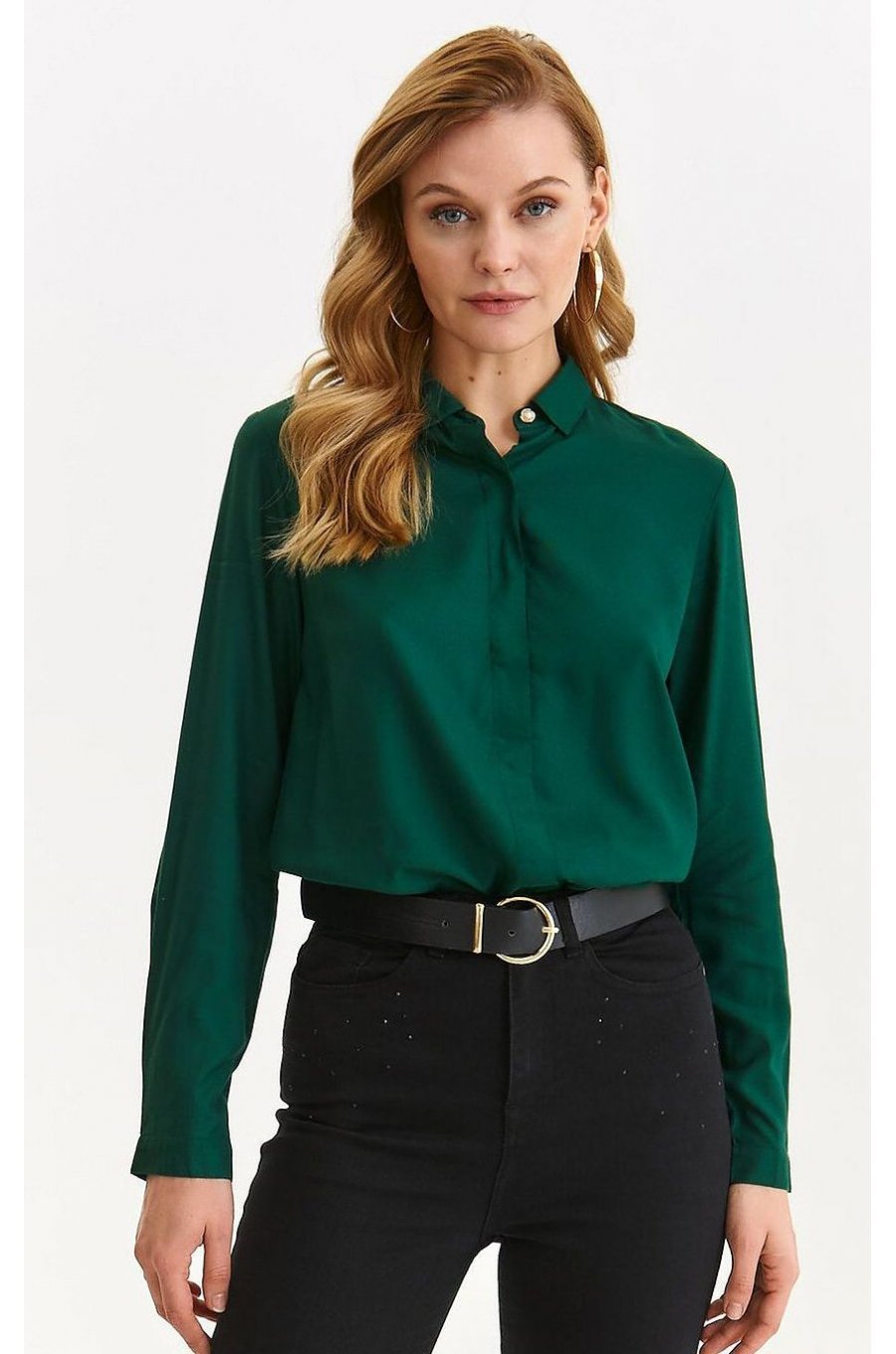 Camasa dama clasica, din vascoza, verde, cu maneca lunga, Ziran Camasa dama clasica, din vascoza, verde, cu maneca lunga, Ziran 1 - jojofashion.ro