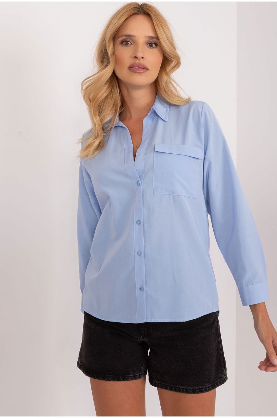 Camasa dama, din bumbac, bleu, cu maneca lunga, Hassine Camasa dama, din bumbac, bleu, cu maneca lunga, Hassine 1 - jojofashion.ro