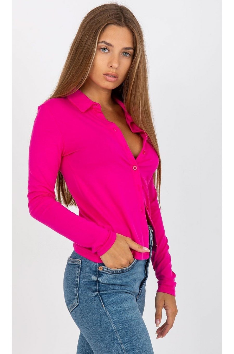 Camasa dama, din bumbac, roz fucsia, cu maneca lunga, Lumidee 2 - jojofashion.ro