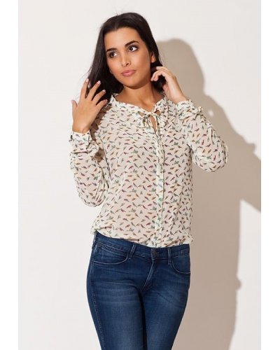 Camasi dama, Camasa dama din sifon, bej cu print colorat, Maryah1 - jojofashion.ro
