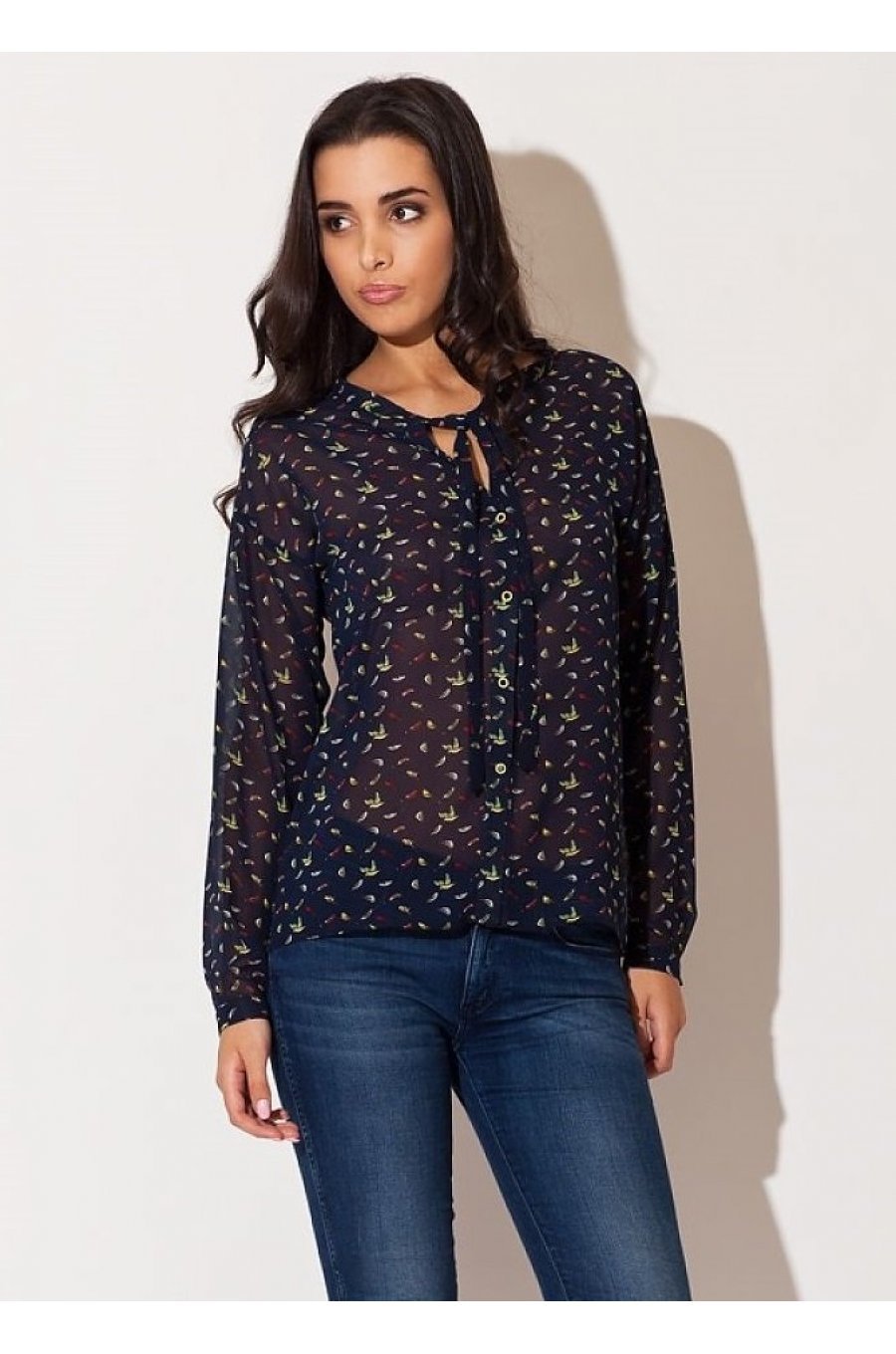 Camasa dama din sifon, bleumarin cu print colorat, Maryah 1 - jojofashion.ro