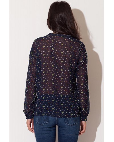Camasi dama, Camasa dama din sifon, bleumarin cu print colorat, Maryah - jojofashion.ro