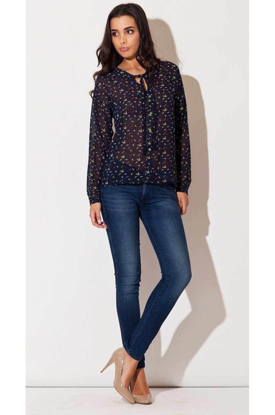 Camasa dama din sifon, bleumarin cu print colorat, Maryah 3 - jojofashion.ro