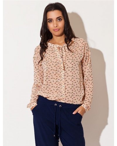 Camasi dama, Camasa dama din sifon, roz pudra cu print colorat, Maryah2 - jojofashion.ro