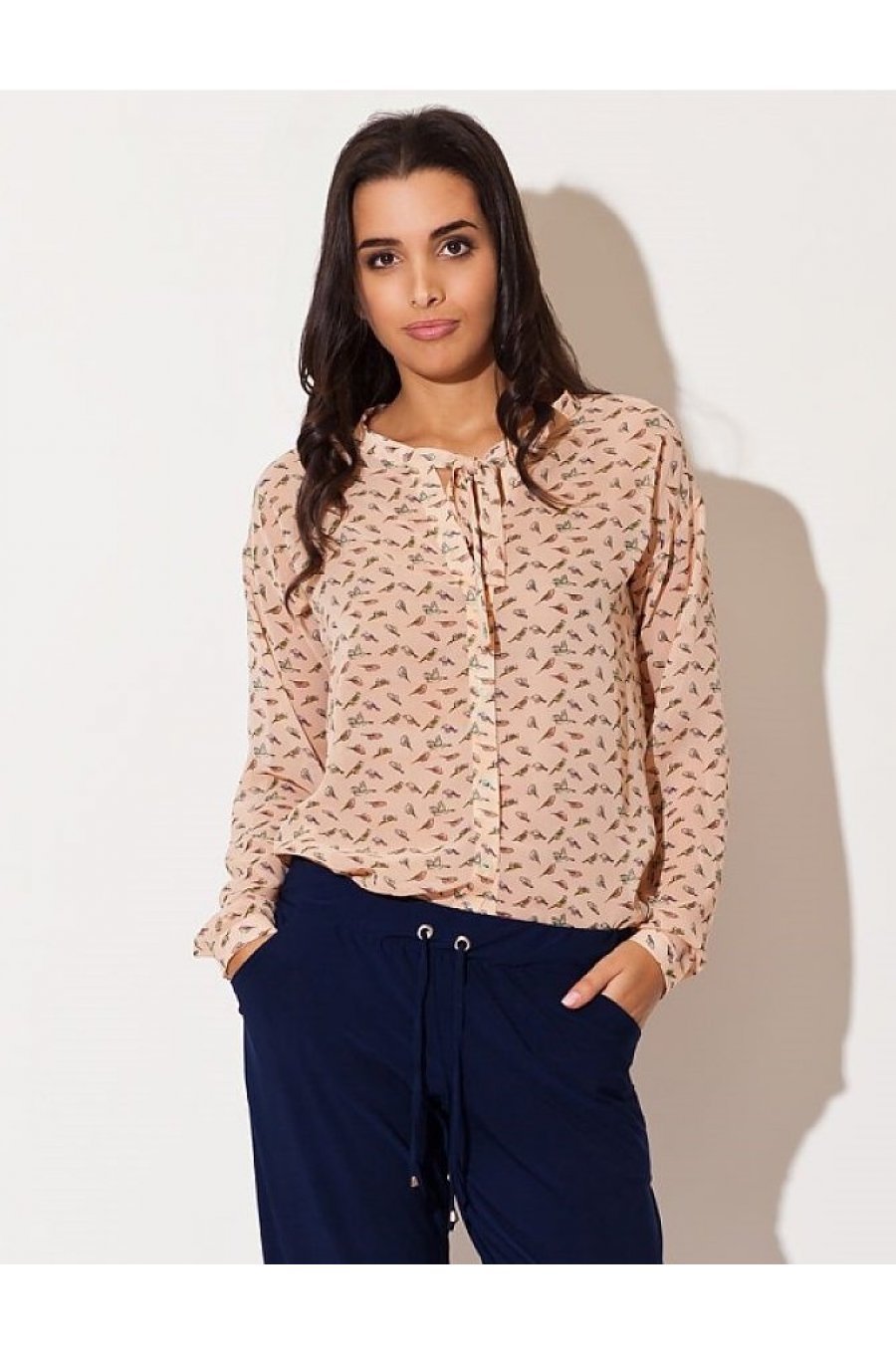 Camasa dama din sifon, roz pudra cu print colorat, Maryah2 1 - jojofashion.ro