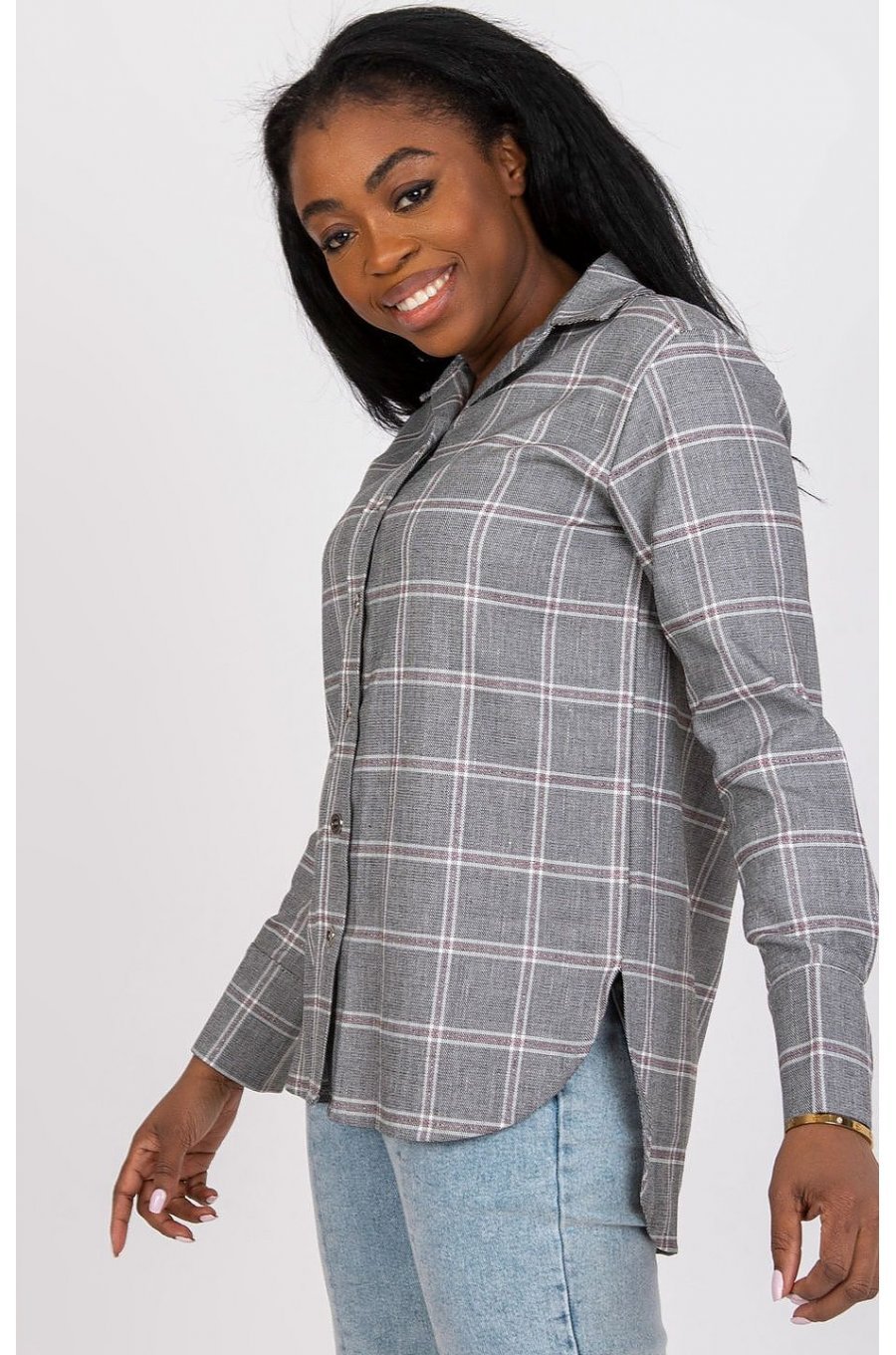 Camasa dama in carouri, din bumbac, gri, cu maneca lunga, Feriel Camasa dama in carouri, din bumbac, gri, cu maneca lunga, Feriel 3 - jojofashion.ro