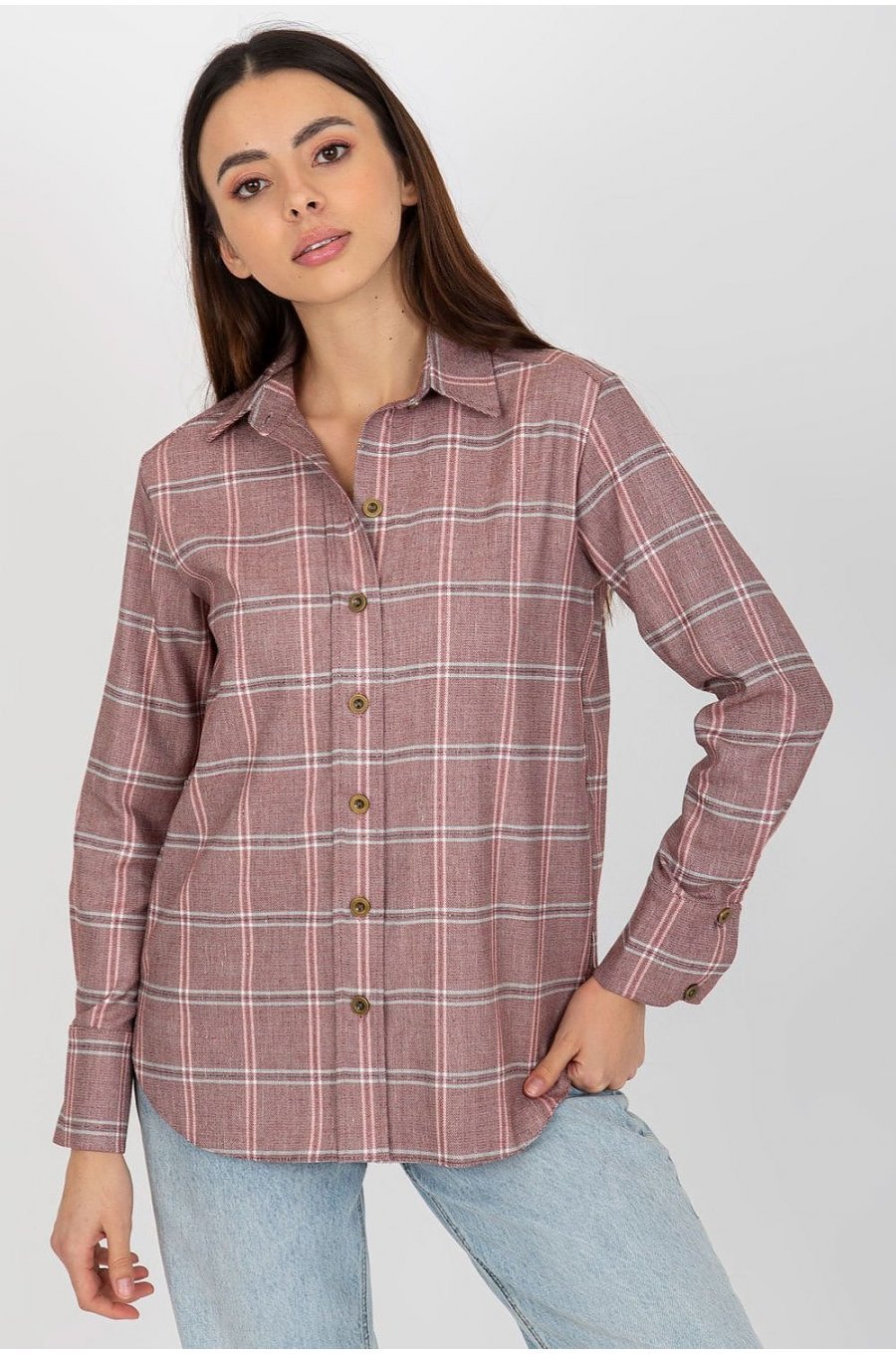 Camasa dama in carouri, din bumbac, roz prafuit, cu maneca lunga, Feriel 1 - jojofashion.ro