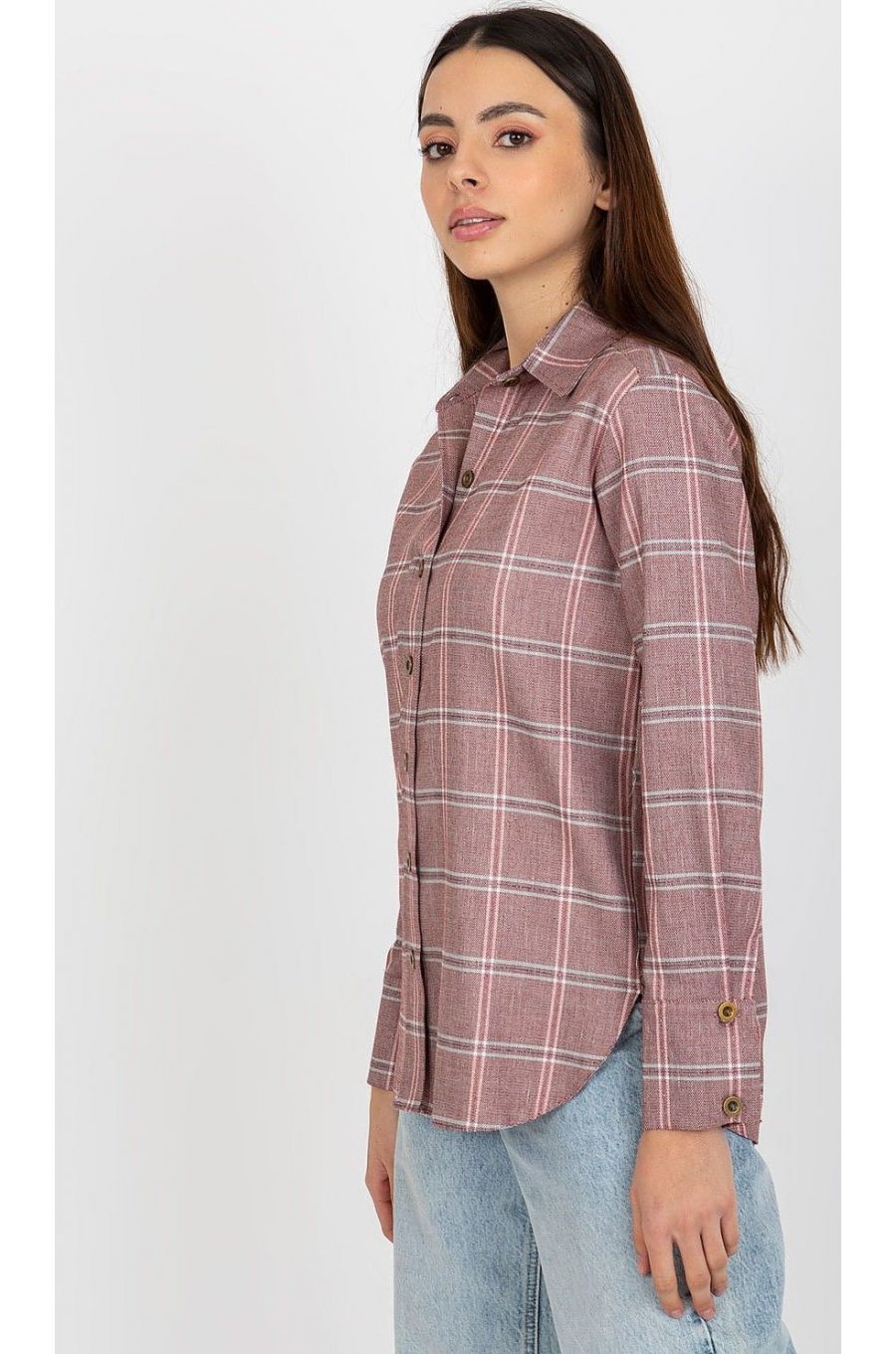 Camasa dama in carouri, din bumbac, roz prafuit, cu maneca lunga, Feriel 2 - jojofashion.ro