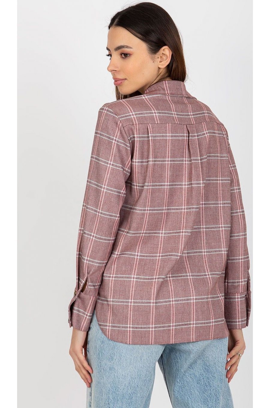 Camasa dama in carouri, din bumbac, roz prafuit, cu maneca lunga, Feriel 3 - jojofashion.ro