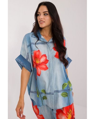 Camasi dama, Camasa dama oversize, bleu cu flori, cu maneca scurta, Hysminai1 - jojofashion.ro