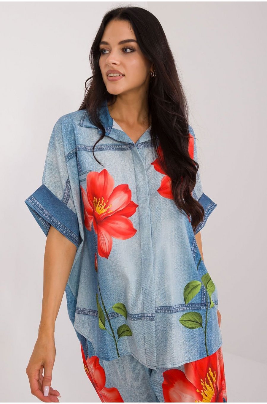 Camasa dama oversize, bleu cu flori, cu maneca scurta, Hysminai1 Camasa dama oversize, bleu cu flori, cu maneca scurta, Hysminai1 1 - jojofashion.ro
