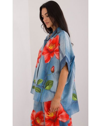 Camasi dama, Camasa dama oversize, bleu cu flori, cu maneca scurta, Hysminai1 - jojofashion.ro