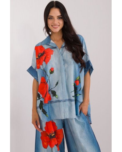 Camasi dama, Camasa dama oversize, bleu cu maci, cu maneca scurta, Hysminai - jojofashion.ro